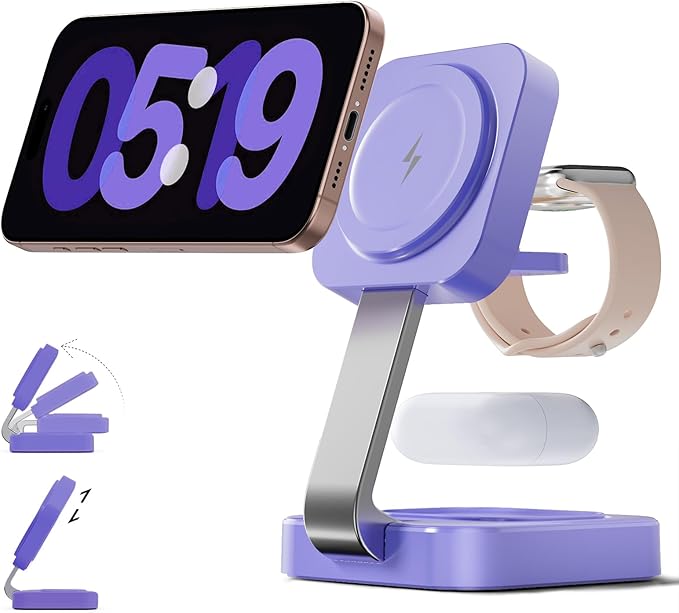 2026 Traveling Wireless Magnetic Fast Charging Station, 3 in 1 Charger with i Phone 17 16 15 14 13 12 Pro Max Plus,Apple Watch Series & Air pod 4 3 2 Pro - Gifts for Wife & Husband(Purple) | Wireless Chargers - TrueDesk