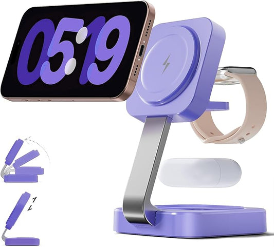 2026 Traveling Wireless Magnetic Fast Charging Station, 3 in 1 Charger with i Phone 17 16 15 14 13 12 Pro Max Plus,Apple Watch Series & Air pod 4 3 2 Pro - Gifts for Wife & Husband(Purple) | Wireless Chargers - TrueDesk