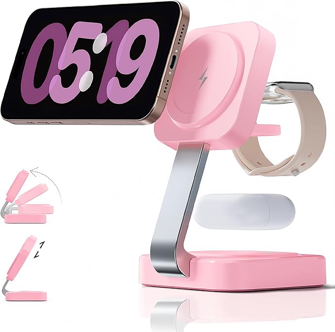 2026 Traveling Wireless Magnetic Fast Charging Station,3 in 1 Charger with i Phone 17 16 15 14 13 12 Pro Max Plus,Apple Watch Series & Air pod 4 3 2 Pro - Gifts for Wife & Husband(Pink) | Wireless Chargers - TrueDesk