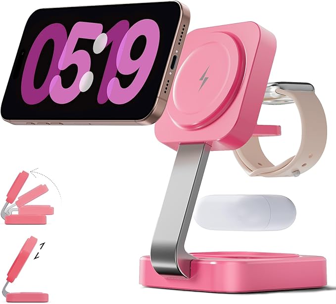 2026 Traveling Wireless Magnetic Fast Charging Station,3 in 1 Charger with i Phone 17 16 15 14 13 12 Pro Max Plus,Apple Watch Series & Air pod 4 3 2 Pro - Gifts for Wife & Husband(Rose Red) | Wireless Chargers - TrueDesk