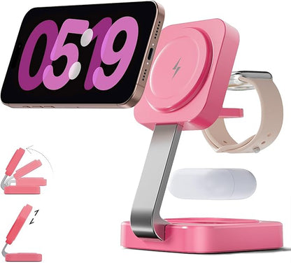2026 Traveling Wireless Magnetic Fast Charging Station,3 in 1 Charger with i Phone 17 16 15 14 13 12 Pro Max Plus,Apple Watch Series & Air pod 4 3 2 Pro - Gifts for Wife & Husband(Rose Red) | Wireless Chargers - TrueDesk