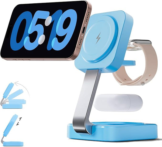 2026 Traveling Wireless Magnetic Fast Charging Station,3 in 1 Charger with i Phone 17 16 15 14 13 12 Pro Max Plus,Apple Watch Series & Air pod 4 3 2 Pro - Gifts for Wife & Husband(Blue) | Wireless Chargers - TrueDesk
