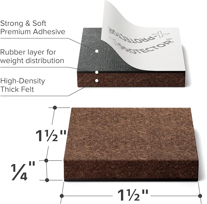 24 Heavy - Duty Felt Furniture Pads 1.5” 1/4” Thick X - Protector! Square Felt Pads for Furniture Feet - The Best Felt Floor Protectors for Furniture to Prevent Scratches. Protect Your Hard Floor! (Brown) | Furniture Pads - TrueDesk