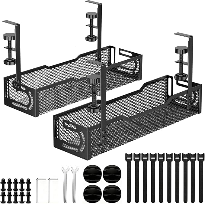 2Pack Under Desk Cable Management Tray, No Drill Mesh Desk Cable Tray, Wire Management Tray Cable Management Rack, Wire Organizer and Cable Management Box (Black) | Racks Cabinets - TrueDesk