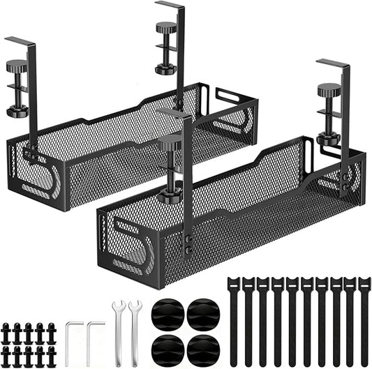 2Pack Under Desk Cable Management Tray, No Drill Mesh Desk Cable Tray, Wire Management Tray Cable Management Rack, Wire Organizer and Cable Management Box (Black) | Racks Cabinets - TrueDesk
