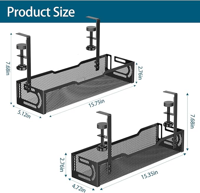 2Pack Under Desk Cable Management Tray, No Drill Mesh Desk Cable Tray, Wire Management Tray Cable Management Rack, Wire Organizer and Cable Management Box (Black) | Racks Cabinets - TrueDesk