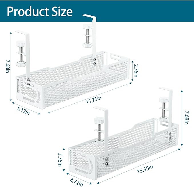 2Pack Under Desk Cable Management Tray, No Drill Mesh Desk Cable Tray, Wire Management Tray Cable Management Rack, Wire Organizer and Cable Management Box (White) | Racks Cabinets - TrueDesk