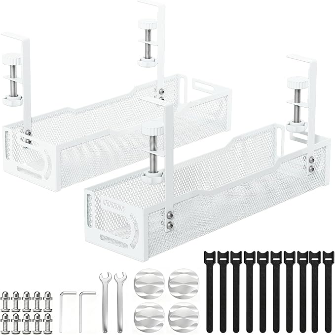 2Pack Under Desk Cable Management Tray, No Drill Mesh Desk Cable Tray, Wire Management Tray Cable Management Rack, Wire Organizer and Cable Management Box (White) | Racks Cabinets - TrueDesk