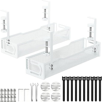 2Pack Under Desk Cable Management Tray, No Drill Mesh Desk Cable Tray, Wire Management Tray Cable Management Rack, Wire Organizer and Cable Management Box (White) | Racks Cabinets - TrueDesk