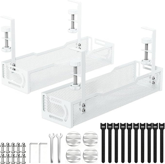 2Pack Under Desk Cable Management Tray, No Drill Mesh Desk Cable Tray, Wire Management Tray Cable Management Rack, Wire Organizer and Cable Management Box (White) | Racks Cabinets - TrueDesk
