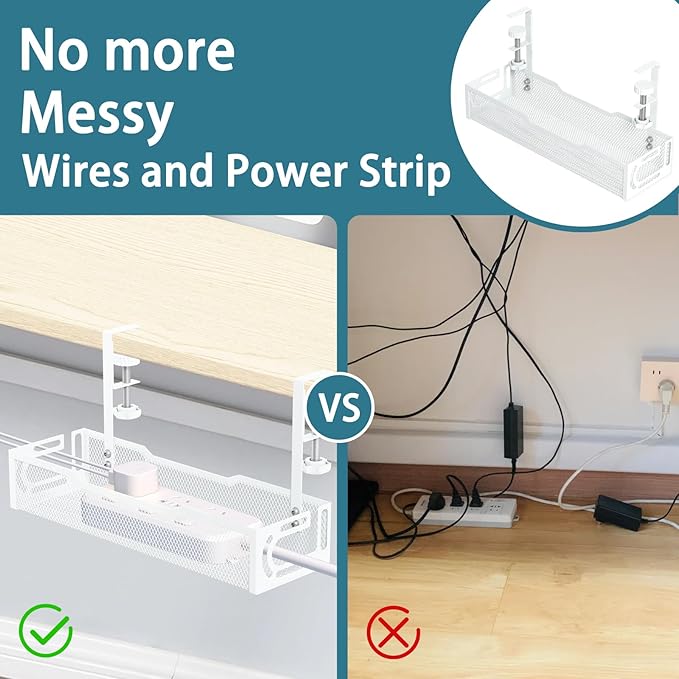 2Pack Under Desk Cable Management Tray, No Drill Mesh Desk Cable Tray, Wire Management Tray Cable Management Rack, Wire Organizer and Cable Management Box (White) | Racks Cabinets - TrueDesk