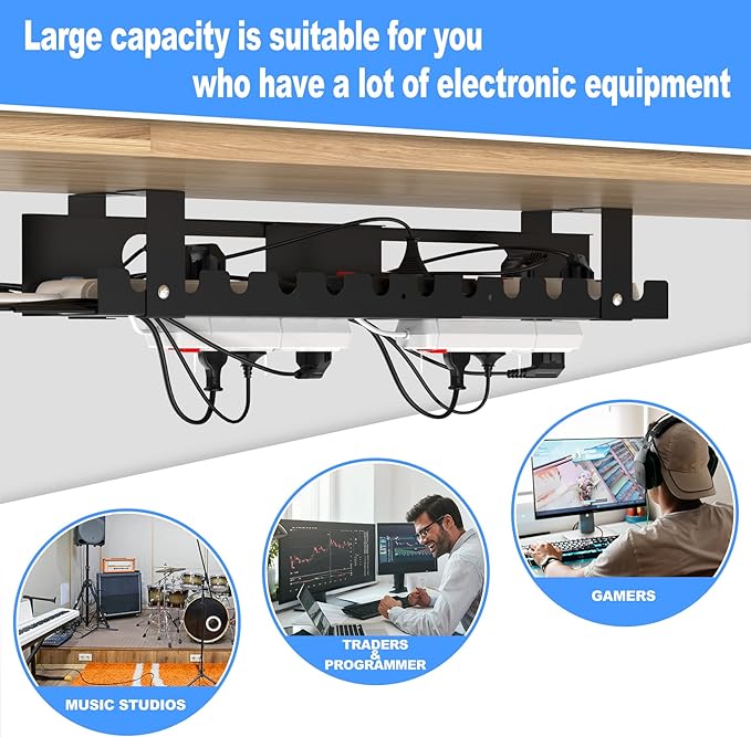 2PACKS Cable Management Under Desk Tray Adjustable Large Under Table Cord Wire Organizer for Standing Desk | Cable Raceways - TrueDesk