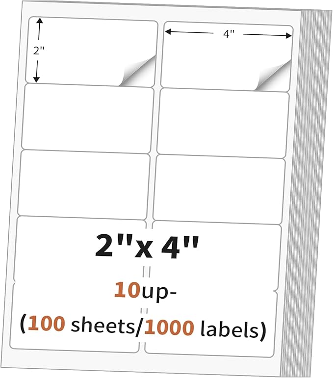 2"x 4" (100 Sheets) Address Labels, Labels Sticker Paper for Laser/Ink Jet Printer, Printable and Writable White Sticker Labels - Matte, 10 per Page Labels (Total 1000 Labels) | Laser Inkjet Printer Labels - TrueDesk