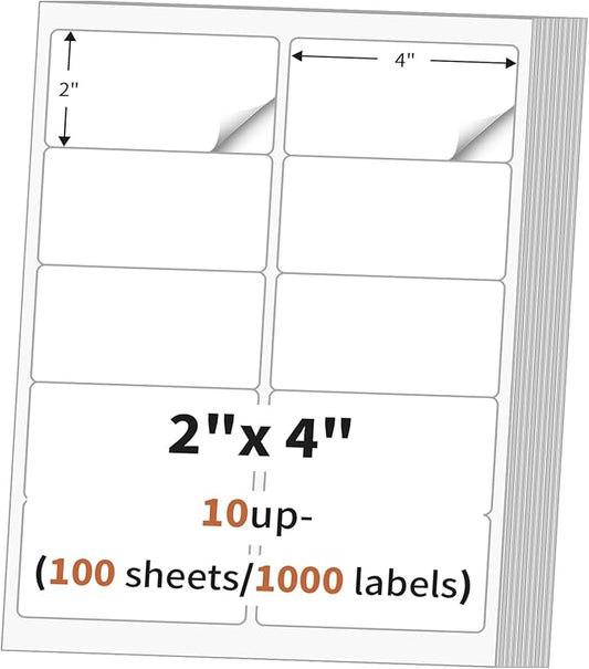 2"x 4" (100 Sheets) Address Labels, Labels Sticker Paper for Laser/Ink Jet Printer, Printable and Writable White Sticker Labels - Matte, 10 per Page Labels (Total 1000 Labels) | Laser Inkjet Printer Labels - TrueDesk