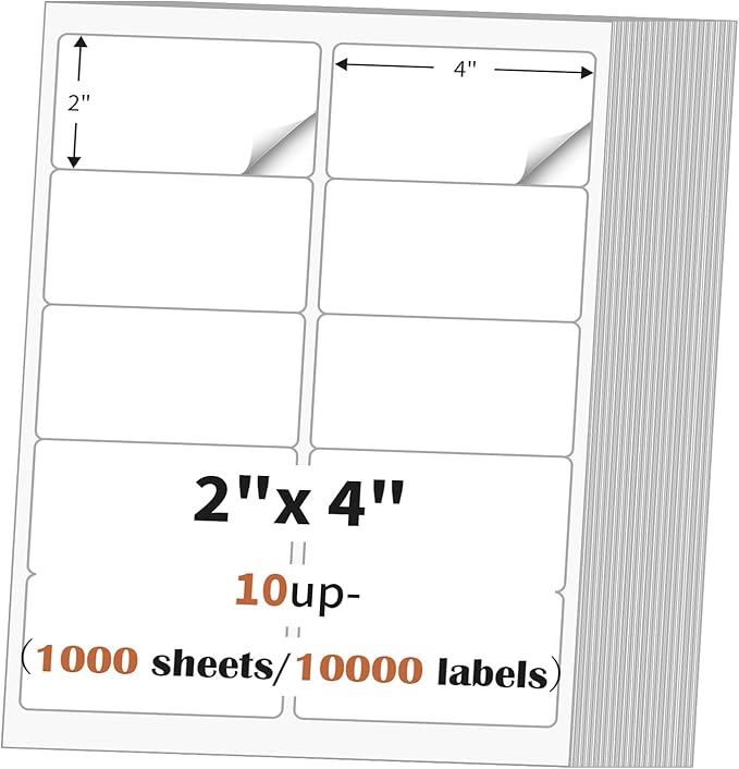 2"x 4" (1000 Sheets) Address Labels Sticker Paper for Laser/Ink Jet Printer, Printable and Writable White Sticker Label - Matte, 10 per Page Label (Total 10000 Labels) | Laser Inkjet Printer Labels - TrueDesk