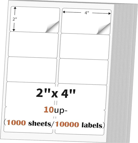 2"x 4" (1000 Sheets) Address Labels Sticker Paper for Laser/Ink Jet Printer, Printable and Writable White Sticker Label - Matte, 10 per Page Label (Total 10000 Labels) | Laser Inkjet Printer Labels - TrueDesk