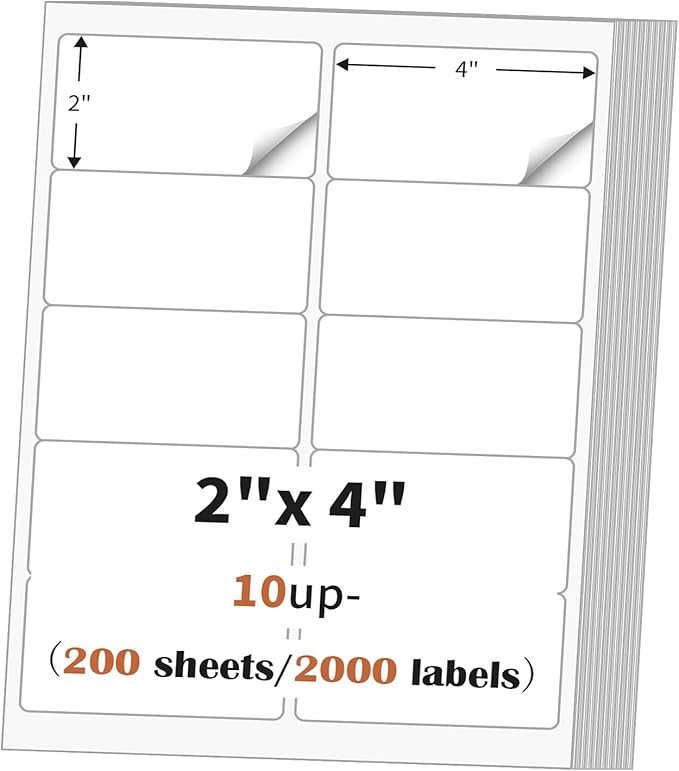 2"x 4" (200 Sheets) Address Labels Sticker Paper for Laser/Ink Jet Printer, Printable and Writable White Sticker Label - Matte, 10 per Page Label (Total 2000 Labels) | Inkjet Printer Paper - TrueDesk