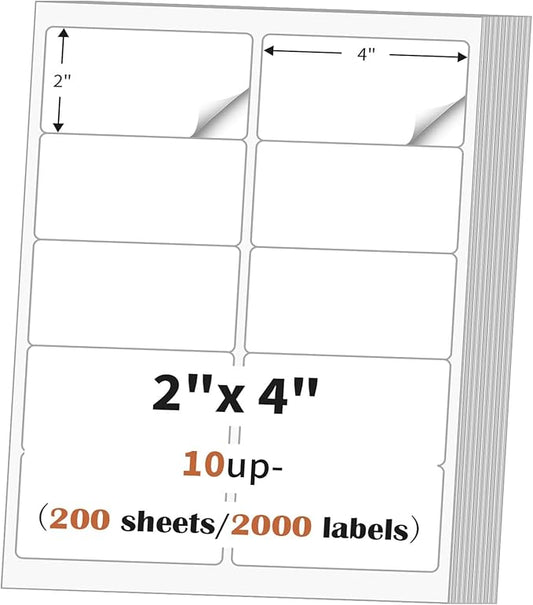 2"x 4" (200 Sheets) Address Labels Sticker Paper for Laser/Ink Jet Printer, Printable and Writable White Sticker Label - Matte, 10 per Page Label (Total 2000 Labels) | Inkjet Printer Paper - TrueDesk