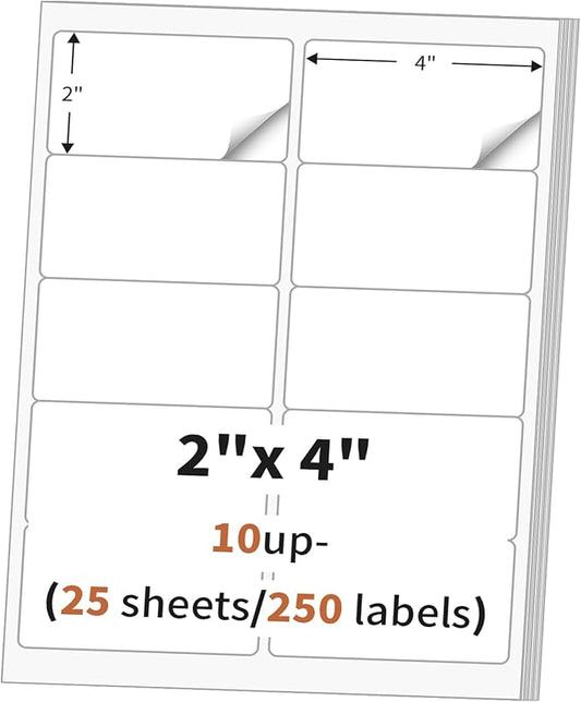 2"x 4" (25 Sheets) Address Labels, Labels Sticker Paper for Laser/Ink Jet Printer, Printable and Writable White Sticker Labels - Matte, 10 per Page Labels (Total 250 Labels) | Laser Inkjet Printer Labels - TrueDesk