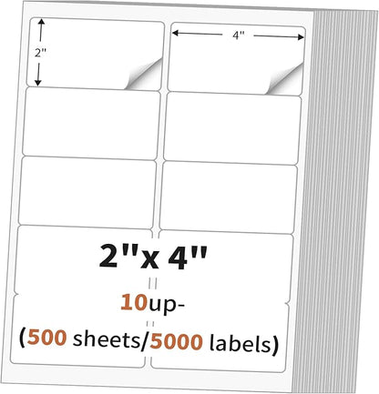 2"x 4" (500 Sheets) Address Labels Sticker Paper for Laser/Ink Jet Printer, Printable and Writable White Sticker Label - Matte, 10 per Page Label (Total 5000 Labels) | Laser Inkjet Printer Labels - TrueDesk