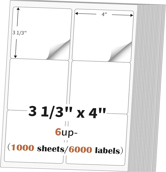 3 1/3" x 4" (1000 Sheets) Address Labels Sticker Paper for Laser/Ink Jet Printer, Printable and Writable White Sticker Label - Matte, 6 per Page Label (Total 6000 Labels) | Laser Inkjet Printer Labels - TrueDesk