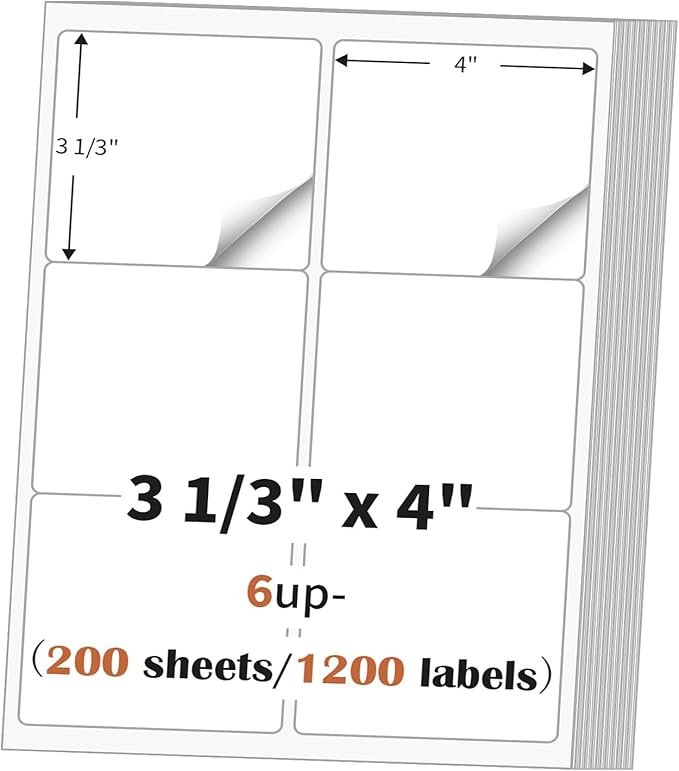 3 1/3" x 4" (200 Sheets) Address Labels Sticker Paper for Laser/Ink Jet Printer, Printable and Writable White Sticker Label - Matte, 6 per Page Label (Total 1200 Labels) | Laser Inkjet Printer Labels - TrueDesk