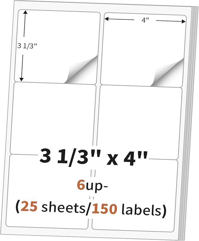 3 1/3" x 4" (25 Sheets) Address Labels, Labels Sticker Paper for Laser/Ink Jet Printer, Printable and Writable White Sticker Labels - Matte, 6 per Page Labels (Total 150 Labels) | Laser Inkjet Printer Labels - TrueDesk