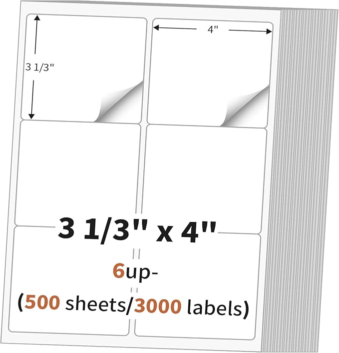 3 1/3" x 4" (500 Sheets) Address Labels, Labels Sticker Paper for Laser/Ink Jet Printer, Printable and Writable White Sticker Labels - Matte, 6 per Page Labels (Total 3000 Labels) | Laser Inkjet Printer Labels - TrueDesk