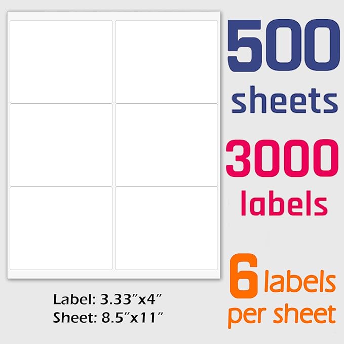 3 - 1/3" x 4" Shipping Address Labels 3000 Label Stickers Paper for Laser/Inkjet Printer 6 per Page Printable Mailing Labels, FBA Box Labels - Matte, 500 Sheets | Laser Inkjet Printer Labels - TrueDesk