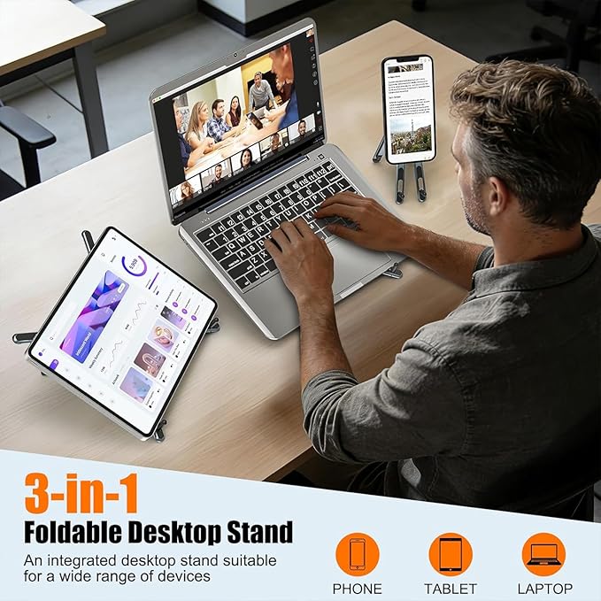3 in 1 Magnetic Foldable Versatile Stand for Phone Tablet and Laptop,Aluminum Alloy Ergonomic 8 - Level Adjustable Height Laptop Stand for Desk,Portable Holder for Home Office and Travel | Stands - TrueDesk