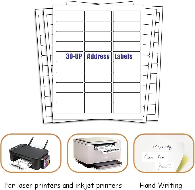 30 UP Labels 1" x2 - 5/8 Mailing Shipping Address FBA Label for Laser/Inkjet Printers, White Blank Sticker Name Tags, Printable Address Label (2000 Sheets, 60,000 Labels) | Laser Inkjet Printer Labels - TrueDesk