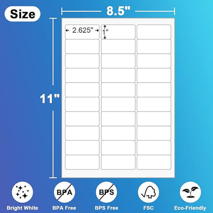30 UP Labels 1"x2 - 5/8" Mailing Labels Shipping Address FBA Labels for Laser/Inkjet Printers, White Blank Sticker Name Tags, Printable Address Labels (500 Sheets, 15,000 Labels) | Laser Inkjet Printer Labels - TrueDesk