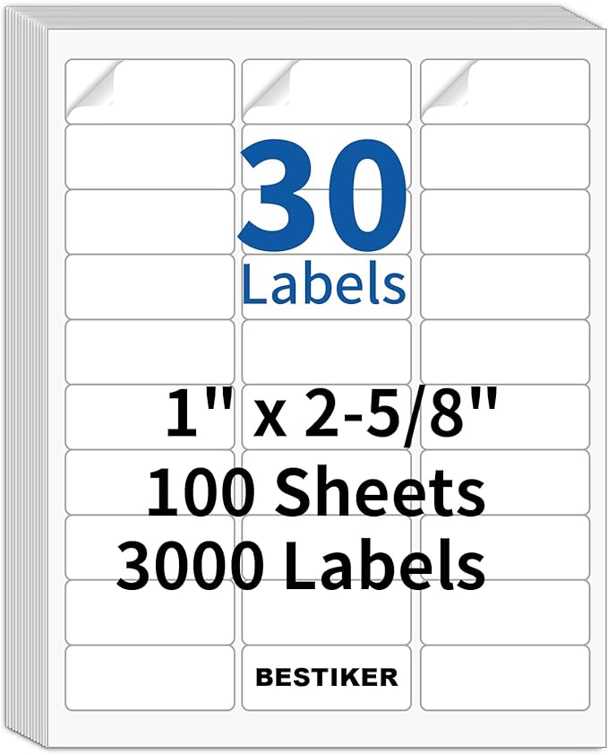 3000 Address Labels, BESTIKER 1” x 2 - 5/8” Printable Mailing Label for Envelopes, 30up Labels White Stickers for Laser Inkjet Printers, FBA Barcode Label 100 Sheets | Laser Inkjet Printer Labels - TrueDesk
