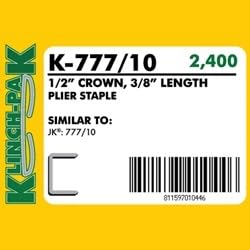 K-777/10 3/8” Leg by 1/2" Wide Heavy-Duty Galvanized Plier Staples, 2400 Per Package, for stapling Trays, Lids, Bags, Header Cards, Fastening End Caps and Container Inserts