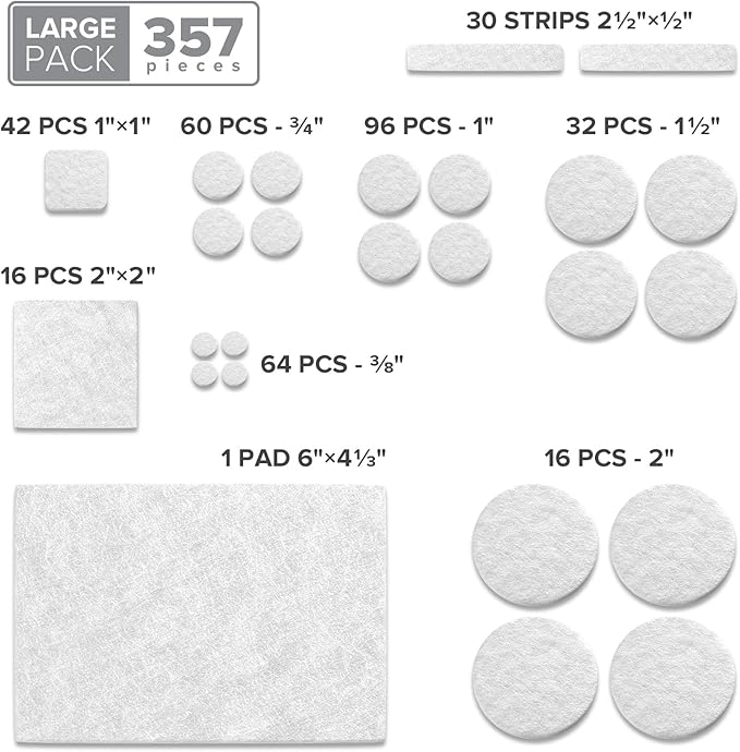 357 pcs White Felt Furniture Pads X - Protector! Huge Quantity of Furniture Pads for Hardwood Floors with Many Big Sizes – Your Ideal Wood Floor Protectors for Furniture. Protect Any Type of Hard Floor! | Furniture Pads - TrueDesk