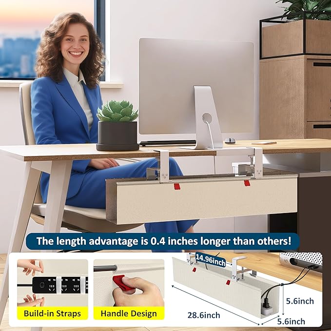 36" Under Desk Cable Management Tray for Home Office, No Drill Cord Organizer for Glass & Wood Table, Anti - Sag Oxford Fabric Wire Management Hider, Fits Surge Protector (Beige, 35.8") | Cable Raceways - TrueDesk