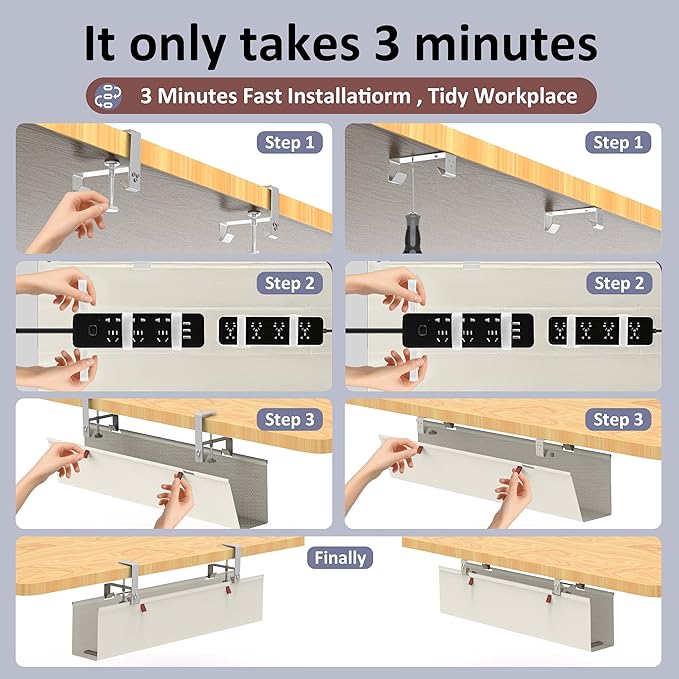 36" Under Desk Cable Management Tray for Home Office, No Drill Cord Organizer for Glass & Wood Table, Anti - Sag Oxford Fabric Wire Management Hider, Fits Surge Protector (Beige, 35.8") | Cable Raceways - TrueDesk