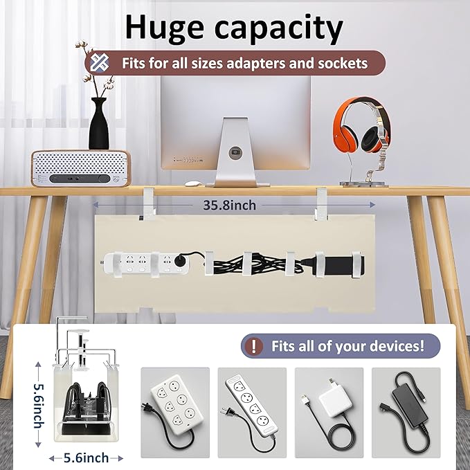 36" Under Desk Cable Management Tray for Home Office, No Drill Cord Organizer for Glass & Wood Table, Anti - Sag Oxford Fabric Wire Management Hider, Fits Surge Protector (Beige, 35.8") | Cable Raceways - TrueDesk