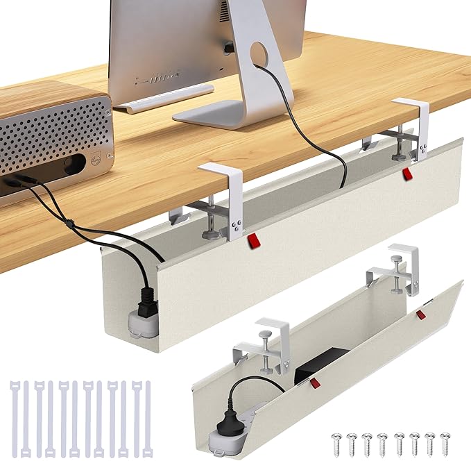 36" Under Desk Cable Management Tray for Home Office, No Drill Cord Organizer for Glass & Wood Table, Anti - Sag Oxford Fabric Wire Management Hider, Fits Surge Protector (Beige, 35.8") | Cable Raceways - TrueDesk