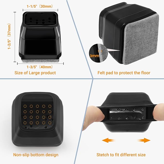 36Pcs Black Square Chair Leg Floor Protectors, High Elastic Felt Furniture Pads for Hardwood Floors, Silicone Floor Protectors for Chairs, Chair Leg Caps Covers Socks (Transparent, Large) | Furniture Cups - TrueDesk