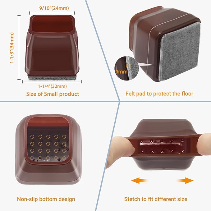 36Pcs Brown Square Chair Leg Floor Protectors, High Elastic Felt Furniture Pads for Hardwood Floors, Silicone Floor Protectors for Chairs, Chair Leg Caps Covers Socks (Small) | Furniture Cups - TrueDesk