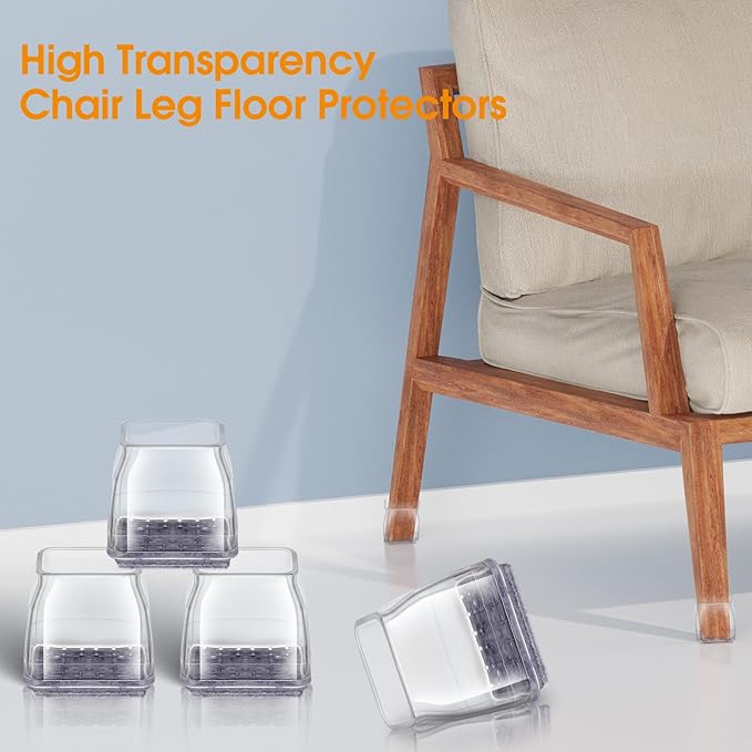 36Pcs Square Chair Leg Floor Protectors, High Elastic Felt Furniture Pads for Hardwood Floors, Silicone Floor Protectors for Chairs, Chair Leg Caps Covers Socks (Transparent, Large) | Furniture Cups - TrueDesk