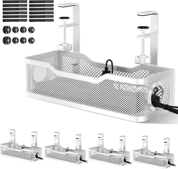 4 Pack Under Desk Cable Management Box White, Cinati 53.6" Wire Organizers No Drill, Cord Organization Tray with Clamp for Office, Home - No Damage to Desk | Cable Raceways - TrueDesk