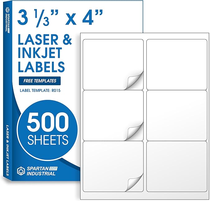 4" X 3.33" Matte White Printable Shipping Labels (500 Sheets, 3000 Stickers) Address and Mailing Labels for Laser & Inkjet Printers - Spartan Industrial Template R015 | Laser Inkjet Printer Labels - TrueDesk