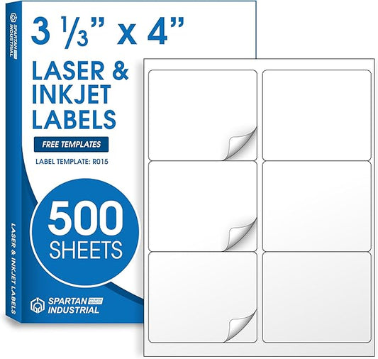 4" X 3.33" Matte White Printable Shipping Labels (500 Sheets, 3000 Stickers) Address and Mailing Labels for Laser & Inkjet Printers - Spartan Industrial Template R015 | Laser Inkjet Printer Labels - TrueDesk