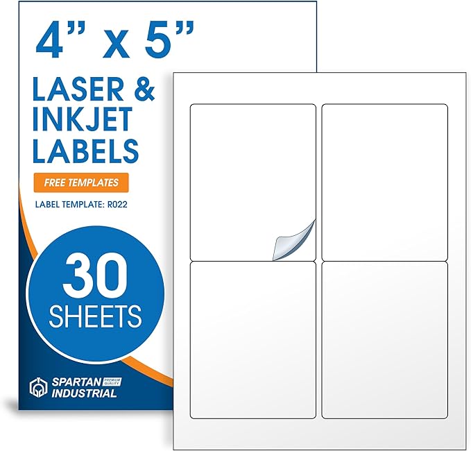 4" X 5" Matte White Printable Shipping Labels (30 Sheets, 120 Stickers) Address and Mailing Labels for Laser & Inkjet Printers - Spartan Industrial Template R022 | Laser Inkjet Printer Labels - TrueDesk