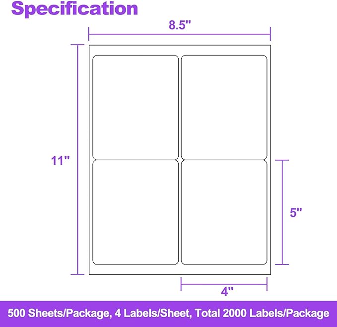4" x 5" Shipping Labels – 500 Sheets, 2000 Labels – 4 Per Page – Compatible with Laser & Inkjet Printers – Permanent Adhesive Address Labels for Shipping, Mailing & Organization | Laser Inkjet Printer Labels - TrueDesk