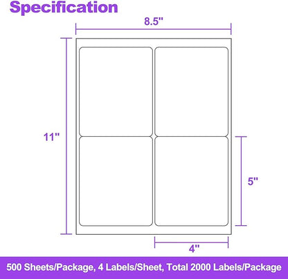 4" x 5" Shipping Labels – 500 Sheets, 2000 Labels – 4 Per Page – Compatible with Laser & Inkjet Printers – Permanent Adhesive Address Labels for Shipping, Mailing & Organization | Laser Inkjet Printer Labels - TrueDesk