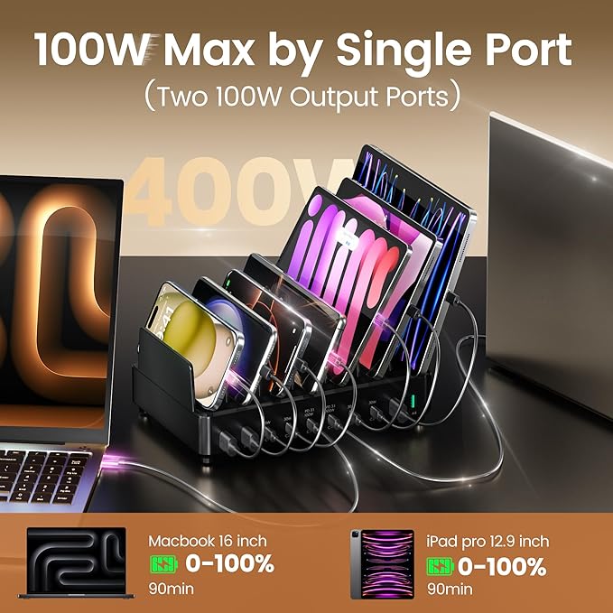 400W Charging Station for Multiple Devices,Dual PD 100W Multi USB C Charging Station with 8 Cable,10 Port Charger Station for MacBook iPhone iPad Laptop Cell Phone Android Tablet - Black | Charging Stations - TrueDesk