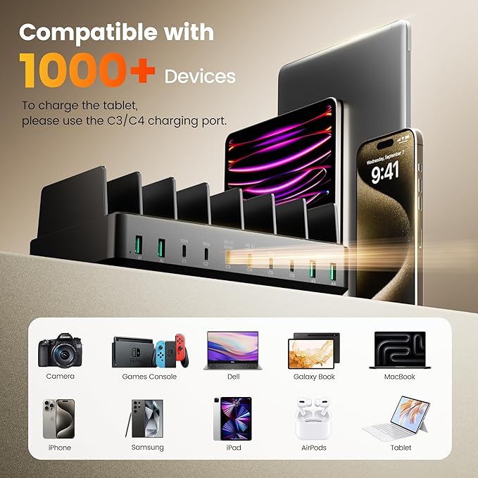 400W Charging Station for Multiple Devices,Dual PD 100W Multi USB C Charging Station with 8 Cable,10 Port Charger Station for MacBook iPhone iPad Laptop Cell Phone Android Tablet - Black | Charging Stations - TrueDesk